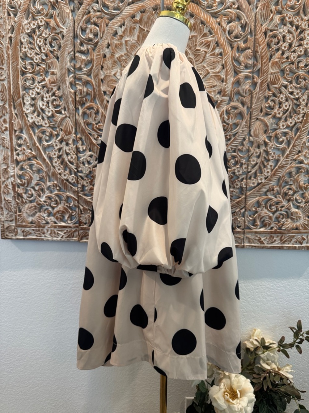 Fore Cream & Black Polka Dot Balloon Sleeves Mini Dress - Picture 6 of 13